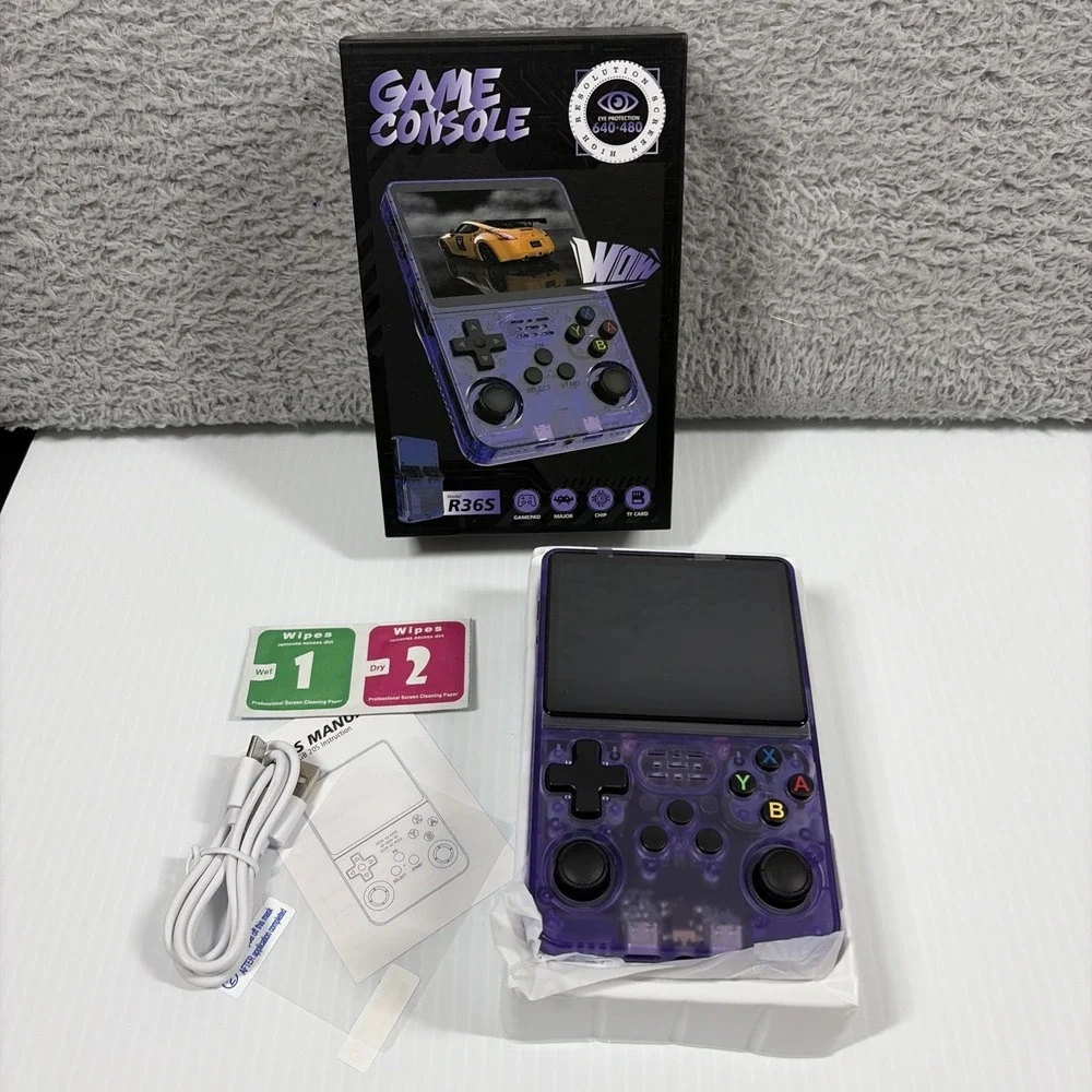 R36S Retro Handheld Game Console Transparent Purple New Open Box